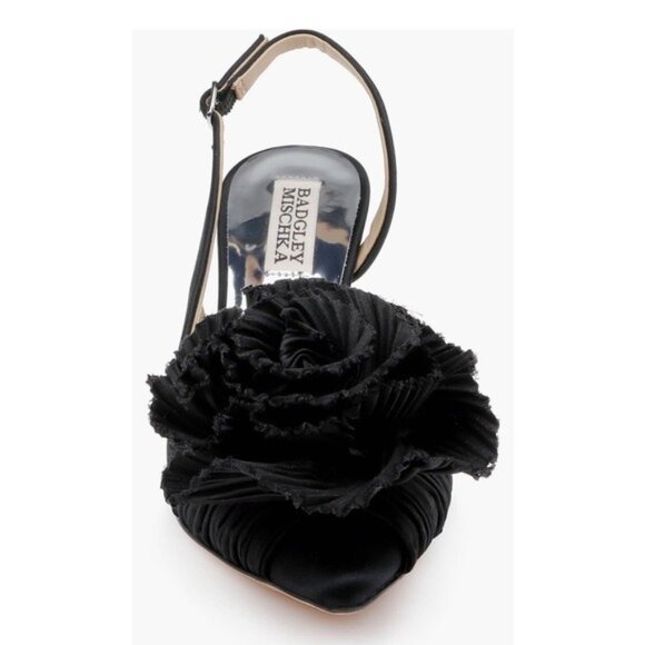 Badgley Mischka Blaire Pleated Satin Slingback Heels with Floral Detail Black 10 - Picture 3 of 11